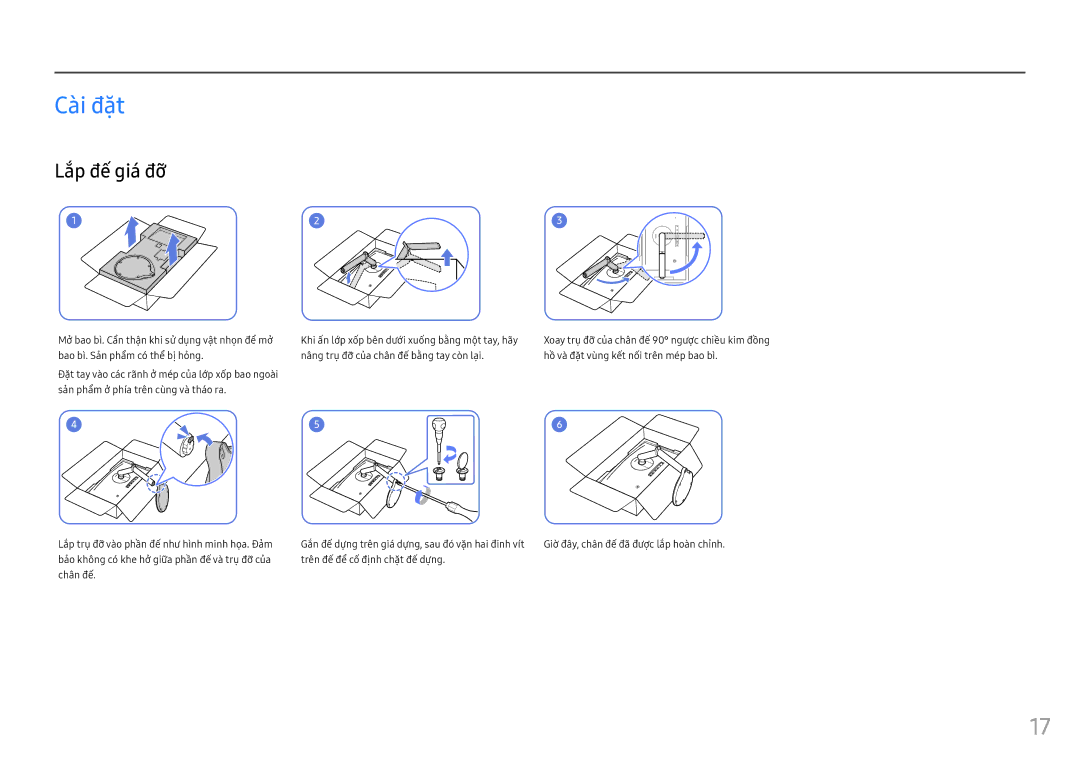 Samsung LC27FG70FQEXXV, LC24FG70FQEXXV manual Cai đăt, Lắp đế giá đỡ, Trên đế́ để̉ cố́ định chặ̣t đế́ dự̣ng 