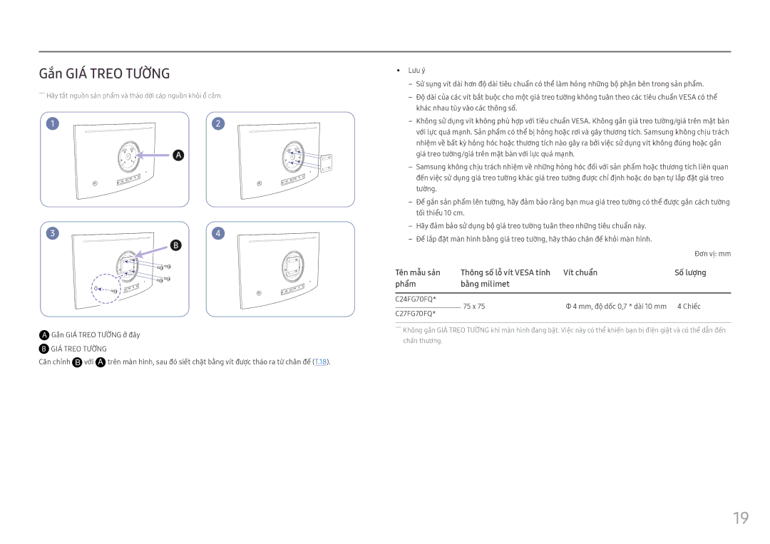 Samsung LC27FG70FQEXXV, LC24FG70FQEXXV manual Gắn GIÁ Treo Tường, Căn chỉnh B vớ́i 