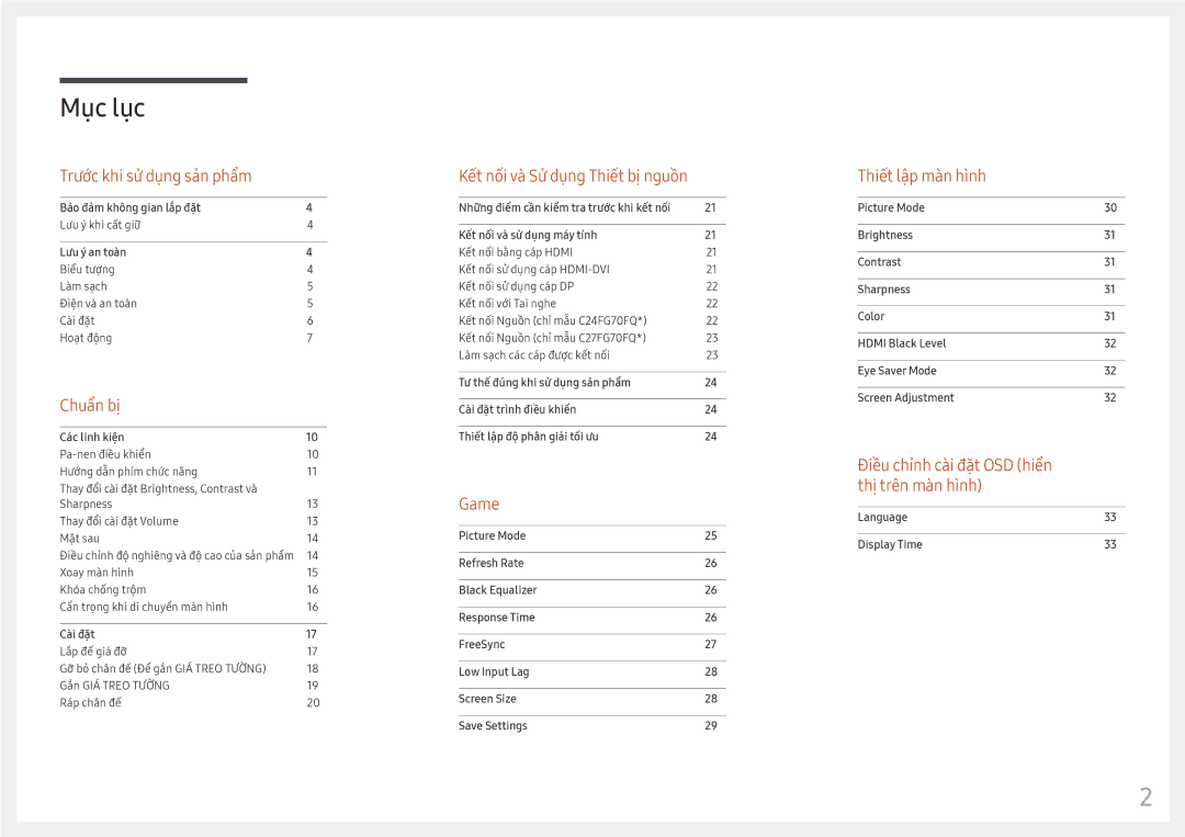 Samsung LC24FG70FQEXXV, LC27FG70FQEXXV manual Mục lục 