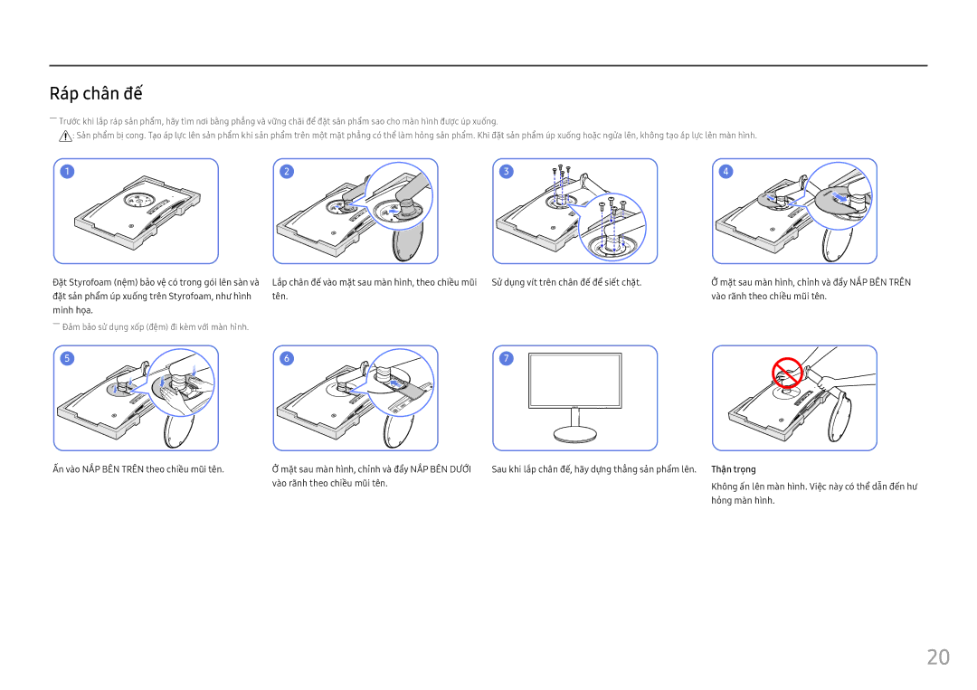 Samsung LC24FG70FQEXXV, LC27FG70FQEXXV manual Ráp chân đế, Lắ́p chân đế́ và̀o mặ̣t sau mà̀n hì̀nh, theo chiề̀u mũ̃i 