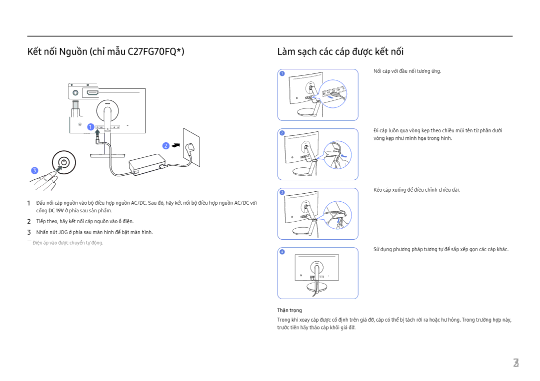 Samsung LC27FG70FQEXXV, LC24FG70FQEXXV manual Kết nối Nguồ̀n chi mẫu C27FG70FQ, Làm sạ̣ch các cáp đượ̣c kết nối 