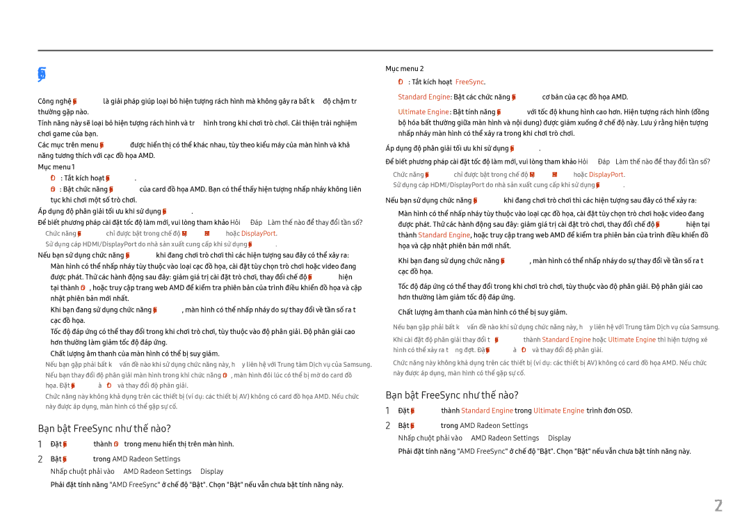 Samsung LC27FG70FQEXXV, LC24FG70FQEXXV manual Đặt FreeSync thành On trong menu hiển thị trên màn hình 
