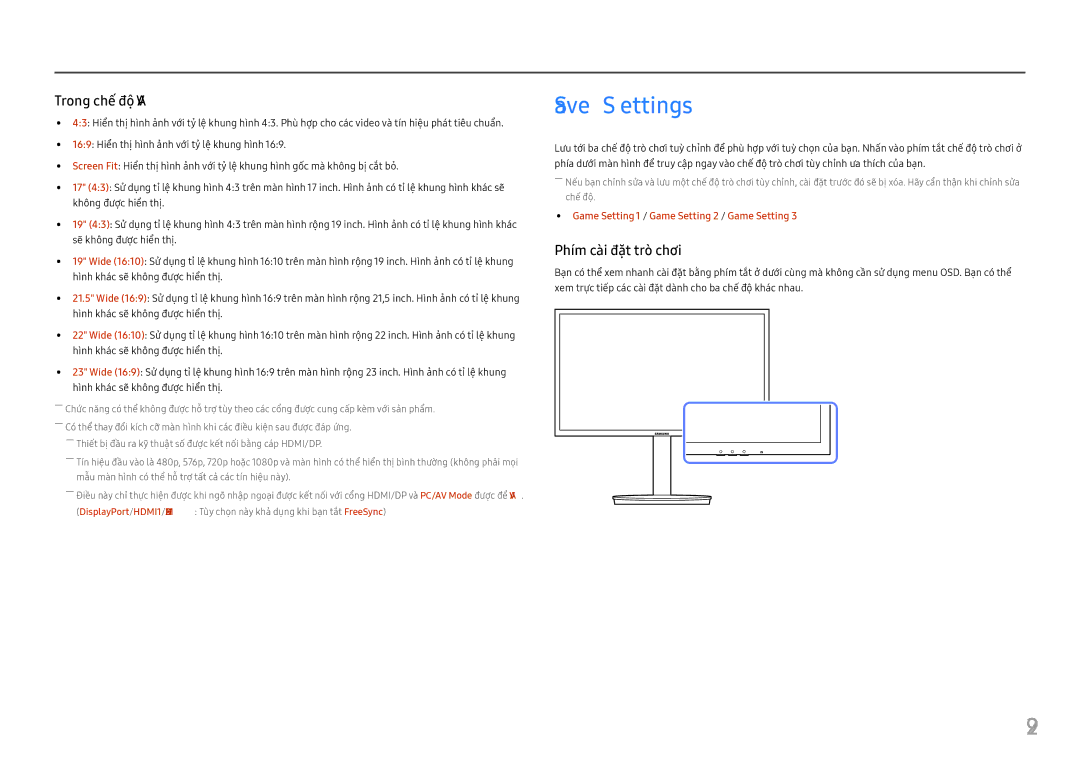 Samsung LC27FG70FQEXXV, LC24FG70FQEXXV manual Save Settings, Phí́m cài đặt trò chơi 