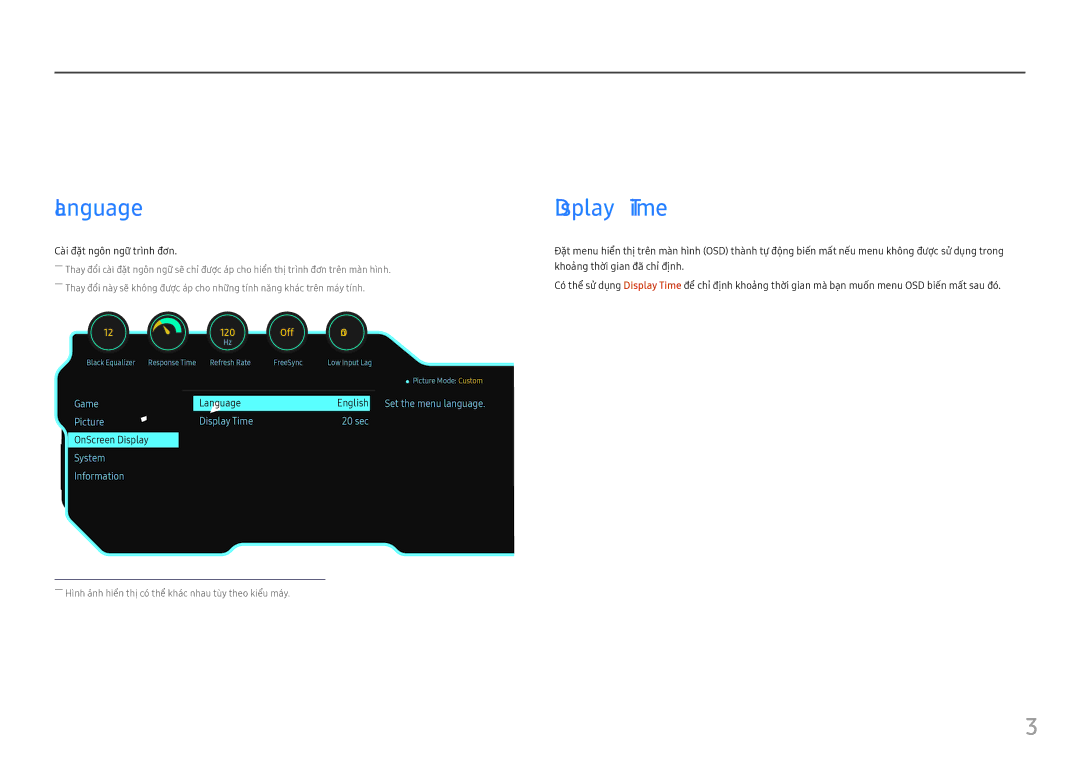 Samsung LC27FG70FQEXXV, LC24FG70FQEXXV manual Điề̀u chỉnh cài đặt OSD hiển thị̣ trên màn hình, Language, Display Time 