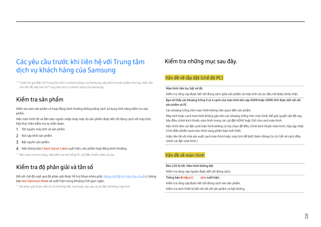 Samsung LC24FG70FQEXXV, LC27FG70FQEXXV manual Hướng dẫ̃n xử̉ lý́ sự cố, Kiểm tra sản phẩ̉m, Kiểm tra độ̣ phân giải và tần số 