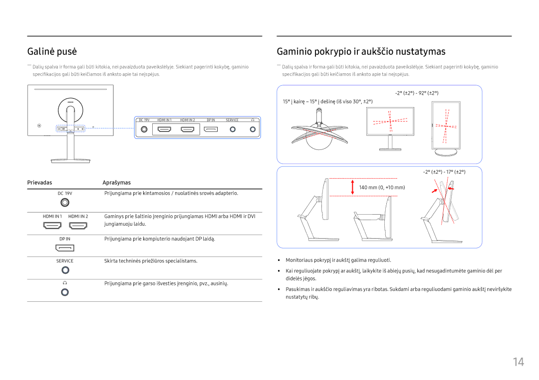 Samsung LC24FG70FQUXEN manual Galinė pusė, Gaminio pokrypio ir aukščio nustatymas, Prievadas Aprašymas 