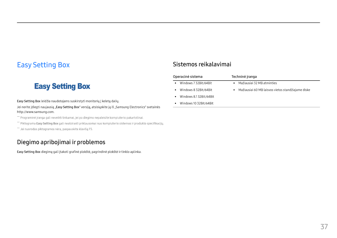 Samsung LC24FG70FQUXEN manual Programinės įrangos diegimas, Easy Setting Box, Diegimo apribojimai ir problemos 