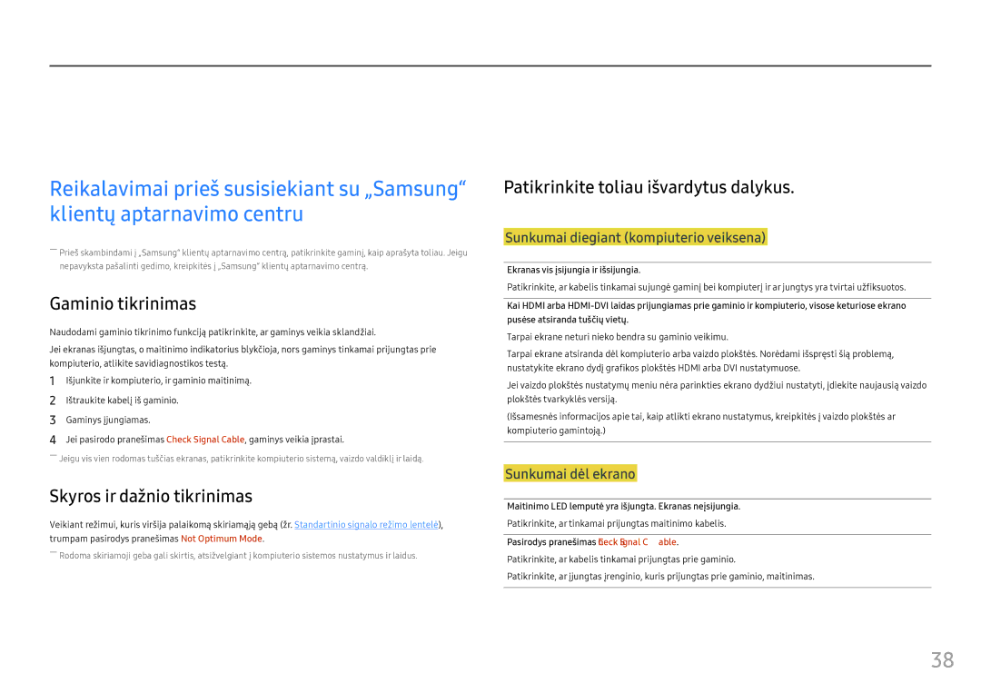 Samsung LC24FG70FQUXEN manual Gedimų nustatymo ir šalinimo instrukcija, Gaminio tikrinimas, Skyros ir dažnio tikrinimas 