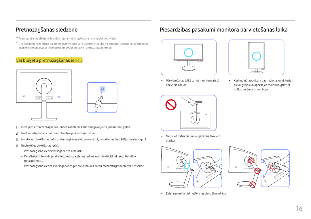 Samsung LC24FG70FQUXEN manual Pretnozagšanas slēdzene, Piesardzības pasākumi monitora pārvietošanas laikā 