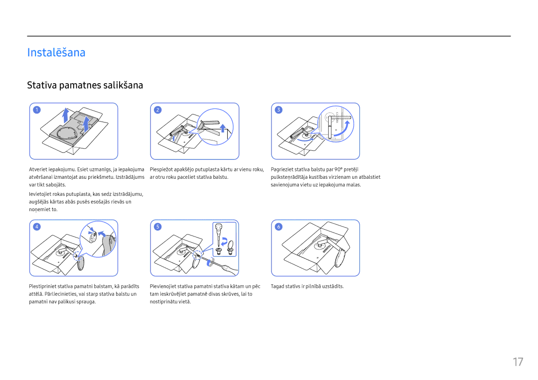 Samsung LC24FG70FQUXEN manual Instalēšana, Statīva pamatnes salikšana 