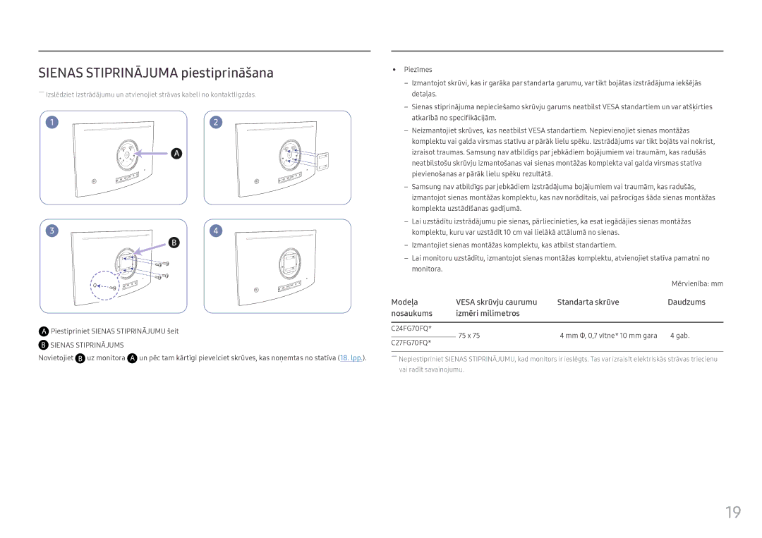 Samsung LC24FG70FQUXEN manual Sienas Stiprinājuma piestiprināšana, Piestipriniet Sienas Stiprinājumu šeit 