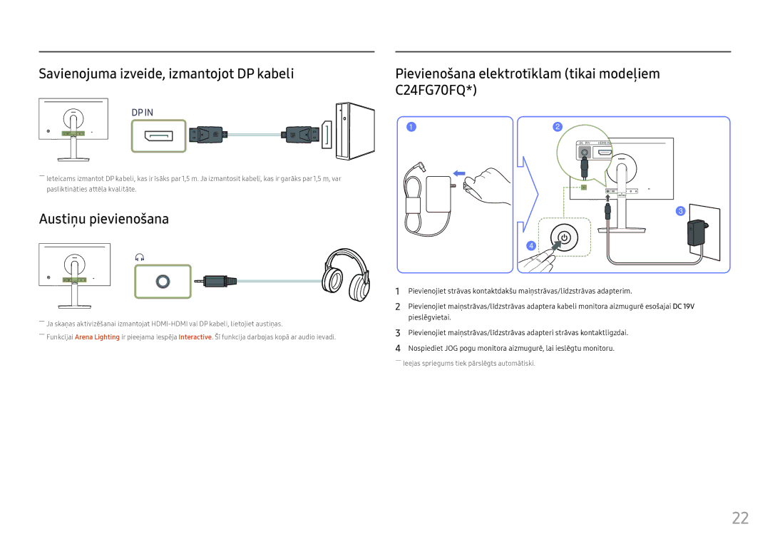 Samsung LC24FG70FQUXEN manual Savienojuma izveide, izmantojot DP kabeli, Austiņu pievienošana 