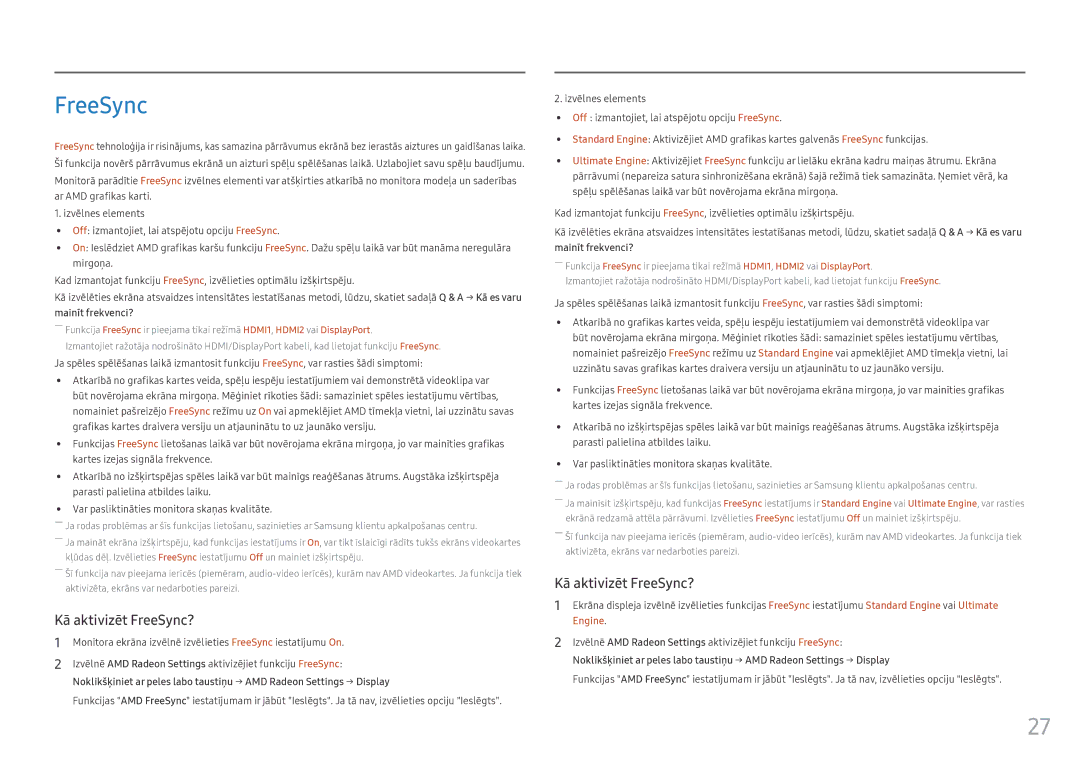 Samsung LC24FG70FQUXEN manual Kā aktivizēt FreeSync? 