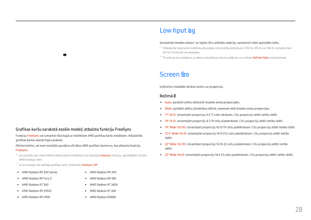 Samsung LC24FG70FQUXEN manual Low Input Lag, Screen Size, Izvēlieties vislabāko ekrāna izmēru un proporciju 