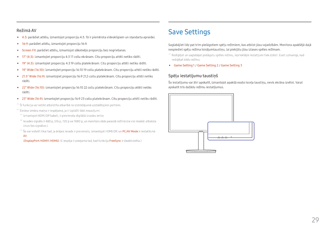 Samsung LC24FG70FQUXEN manual Save Settings, Spēļu iestatījumu taustiņš 