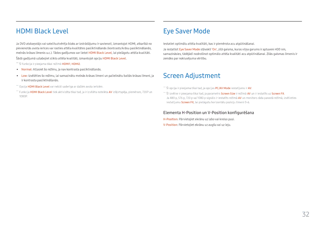 Samsung LC24FG70FQUXEN manual Hdmi Black Level, Eye Saver Mode, Screen Adjustment 