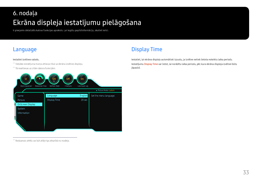 Samsung LC24FG70FQUXEN manual Ekrāna displeja iestatījumu pielāgošana, Language, Display Time, Iestatiet izvēlnes valodu 