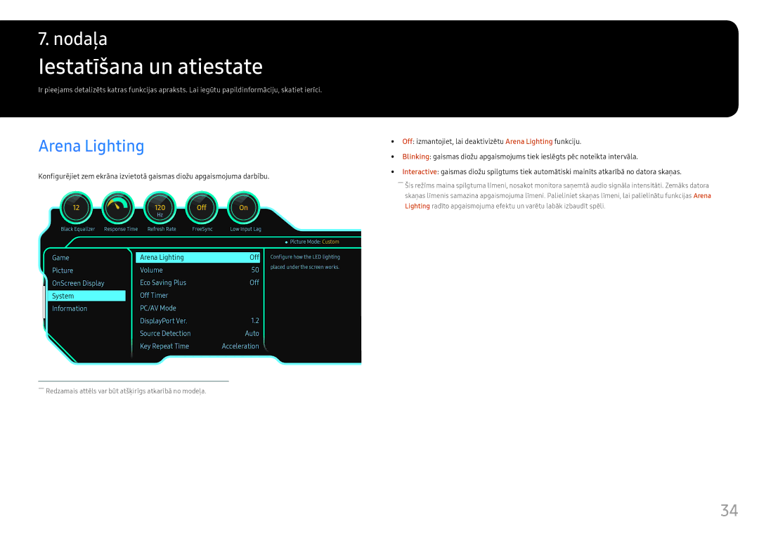 Samsung LC24FG70FQUXEN manual Iestatīšana un atiestate, Arena Lighting 