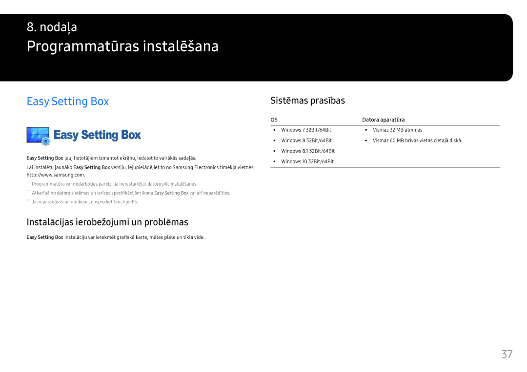 Samsung LC24FG70FQUXEN manual Programmatūras instalēšana, Easy Setting Box, Instalācijas ierobežojumi un problēmas 