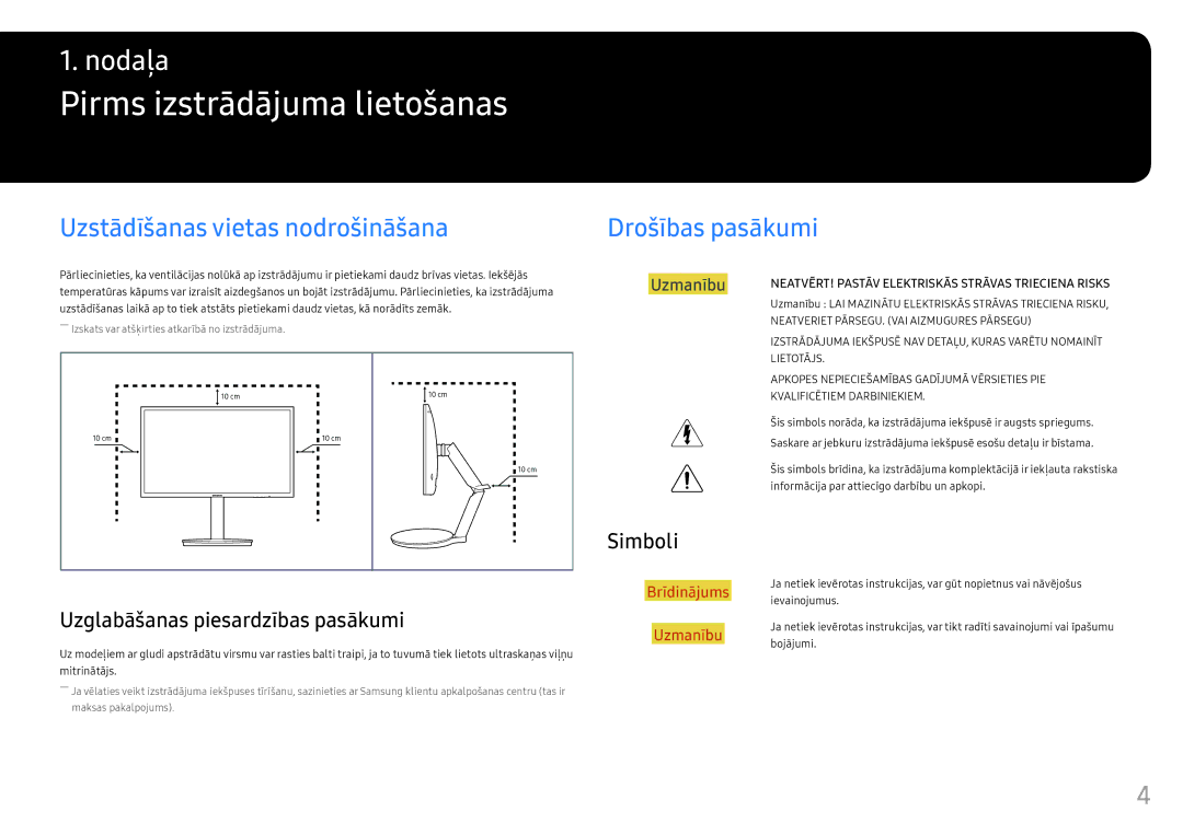 Samsung LC24FG70FQUXEN manual Pirms izstrādājuma lietošanas, Uzstādīšanas vietas nodrošināšana, Drošības pasākumi, Simboli 