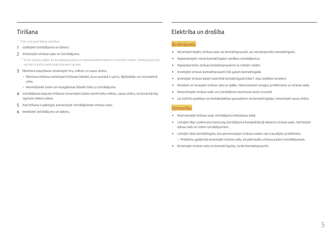 Samsung LC24FG70FQUXEN manual Tīrīšana, Elektrība un drošība 