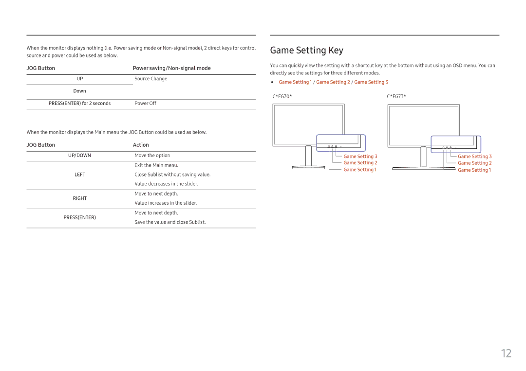 Samsung LC24FG73FQEXXV, LC24FG73FQUXEN, LC27FG73FQUXEN, LC27FG73FQEXXV, LC24FG73FQIXRU, LC27FG73FQIXRU manual Game Setting Key 