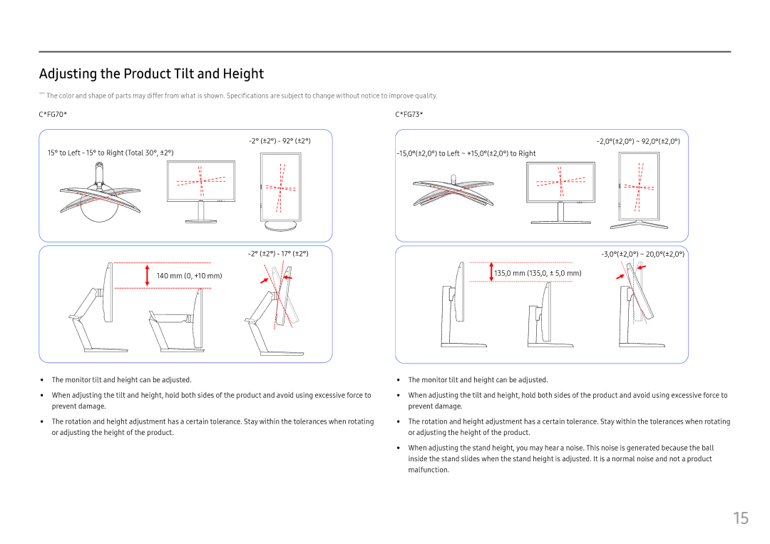 Samsung LC27FG73FQIXCI, LC24FG73FQUXEN, LC27FG73FQUXEN, LC27FG73FQEXXV, LC24FG73FQEXXV Adjusting the Product Tilt and Height 