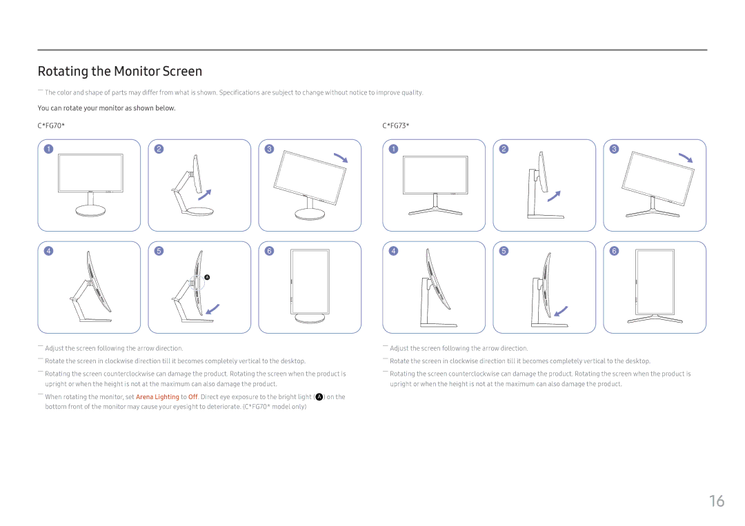 Samsung LC24FG73FQMXCH, LC24FG73FQUXEN Rotating the Monitor Screen, You can rotate your monitor as shown below FG70 FG73 