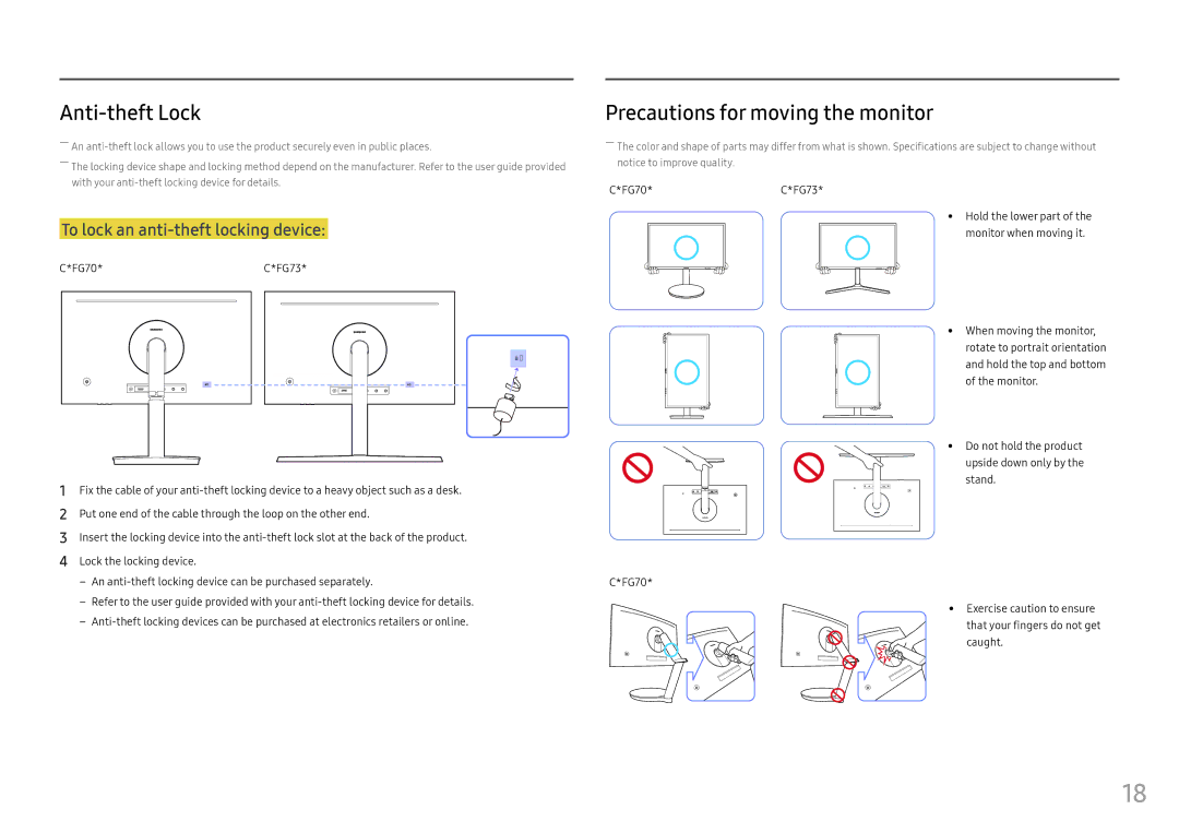 Samsung LC24FG73FQUXEN, LC27FG73FQUXEN, LC27FG73FQEXXV, LC24FG73FQEXXV Anti-theft Lock, Precautions for moving the monitor 