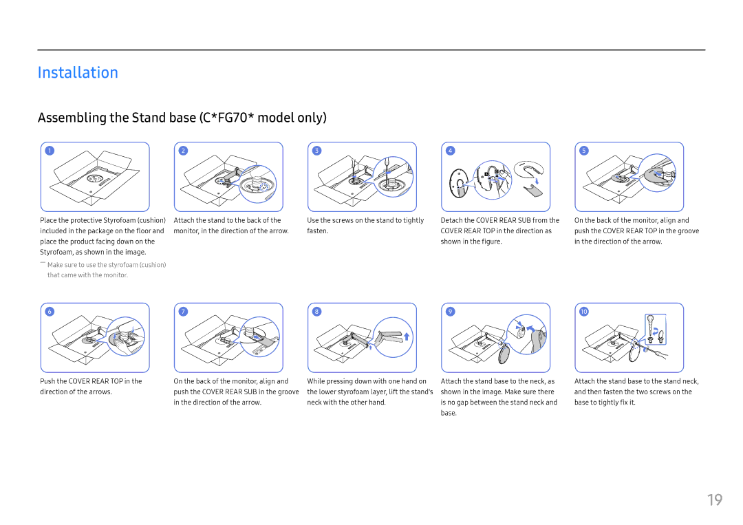 Samsung LC27FG73FQUXEN, LC24FG73FQUXEN, LC27FG73FQEXXV manual Installation, Assembling the Stand base C*FG70* model only 