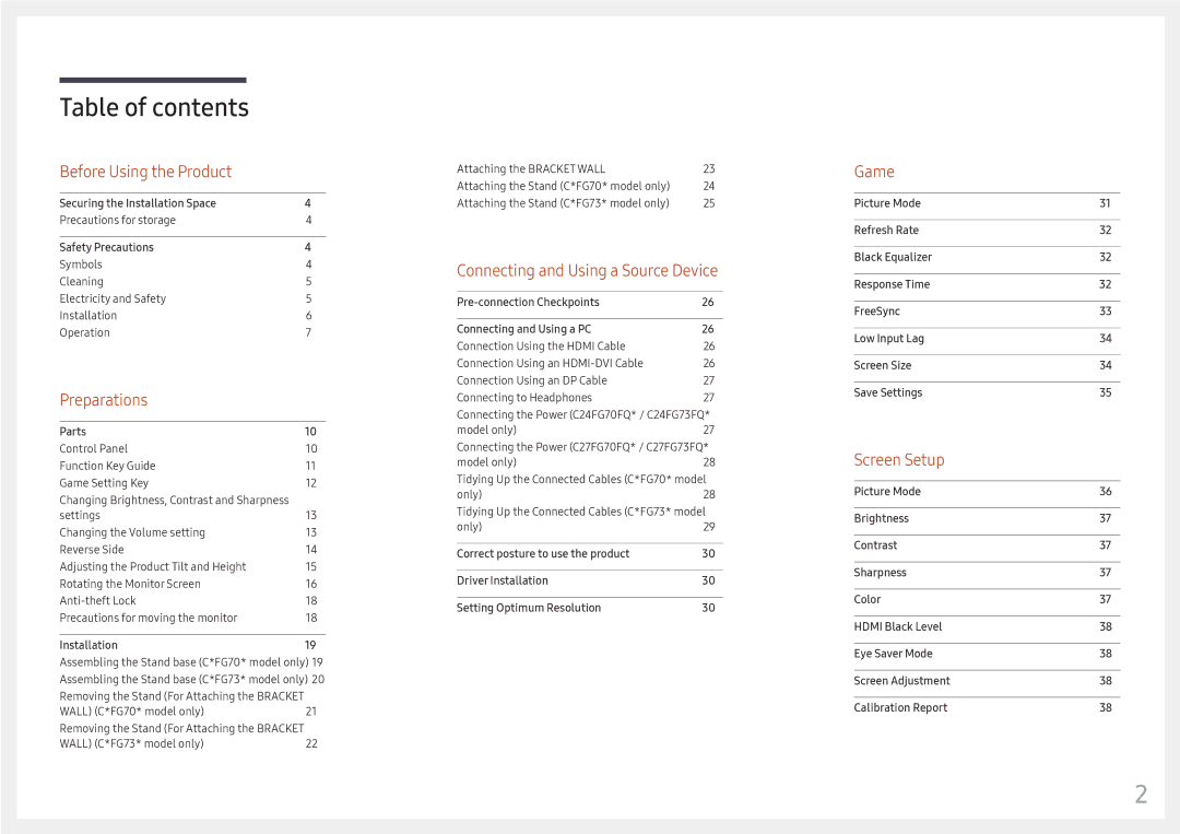 Samsung LC27FG73FQEXXV, LC24FG73FQUXEN, LC27FG73FQUXEN, LC24FG73FQEXXV, LC24FG73FQIXRU, LC27FG73FQIXRU manual Table of contents 