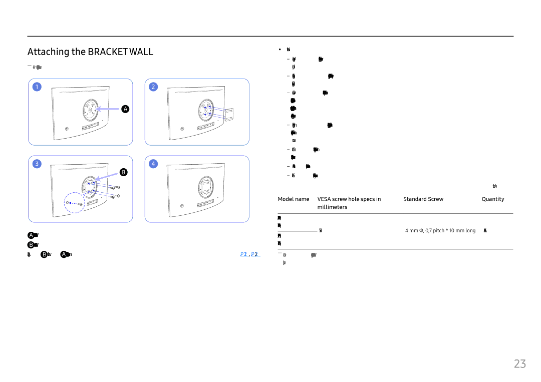 Samsung LC27FG73FQIXRU, LC24FG73FQUXEN, LC27FG73FQUXEN, LC27FG73FQEXXV manual Attaching the Bracket Wall, Align B with 