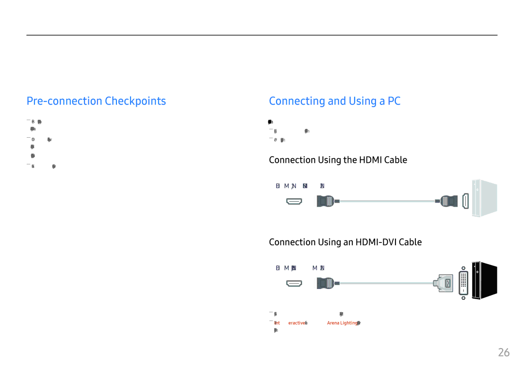 Samsung LC27FG73FQMXCH manual Connecting and Using a Source Device, Pre-connection Checkpoints, Connecting and Using a PC 