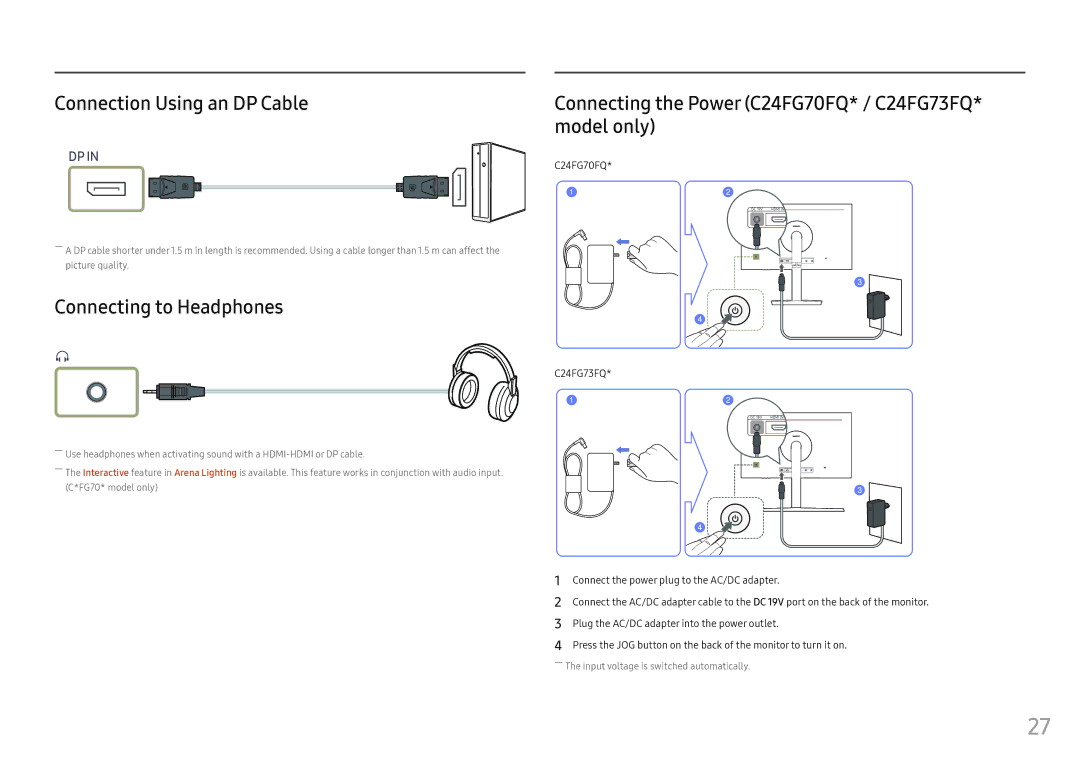 Samsung LC24FG73FQUXEN, LC27FG73FQUXEN, LC27FG73FQEXXV Connection Using an DP Cable, Connecting to Headphones, C24FG70FQ 