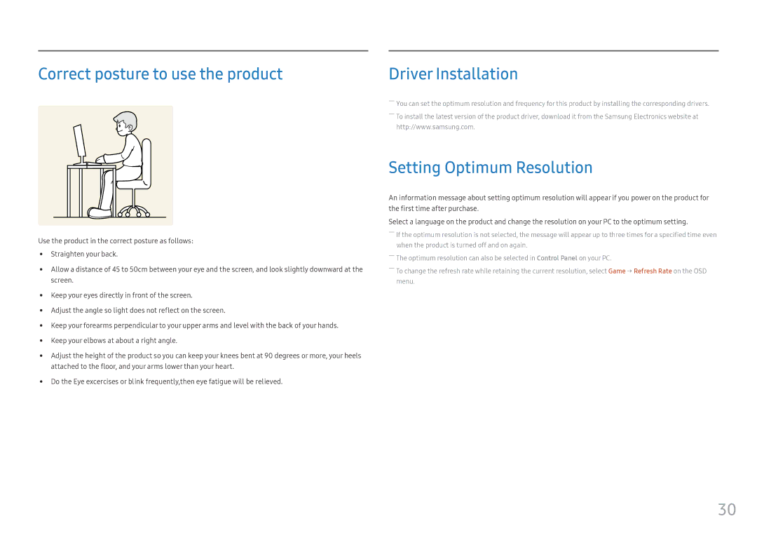 Samsung LC24FG73FQEXXV, LC24FG73FQUXEN Correct posture to use the product, Driver Installation, Setting Optimum Resolution 