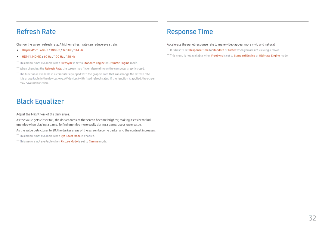 Samsung LC27FG73FQIXRU manual Refresh Rate, Black Equalizer, Response Time, Adjust the brightness of the dark areas 