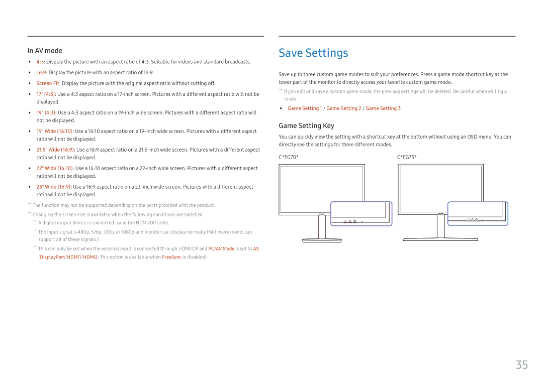 Samsung LC27FG73FQMXCH, LC24FG73FQUXEN, LC27FG73FQUXEN, LC27FG73FQEXXV, LC24FG73FQEXXV manual Save Settings, Game Setting Key 