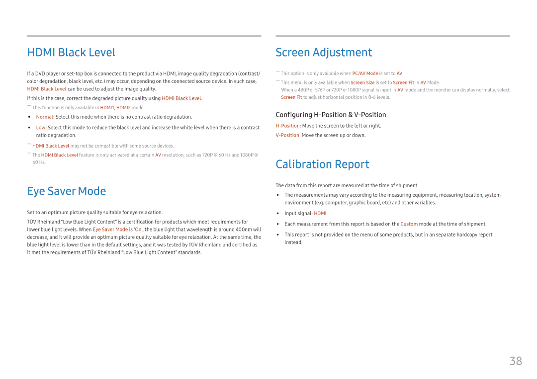 Samsung LC27FG73FQEXXV, LC24FG73FQUXEN manual Hdmi Black Level, Eye Saver Mode, Screen Adjustment, Calibration Report 