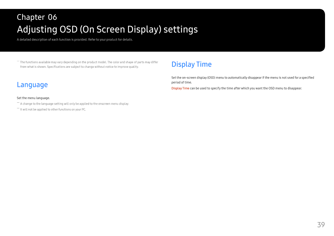 Samsung LC24FG73FQEXXV manual Adjusting OSD On Screen Display settings, Language, Display Time, Set the menu language 