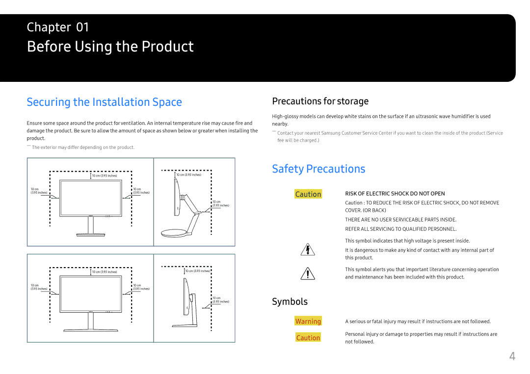 Samsung LC24FG73FQIXRU manual Before Using the Product, Securing the Installation Space, Safety Precautions, Symbols 