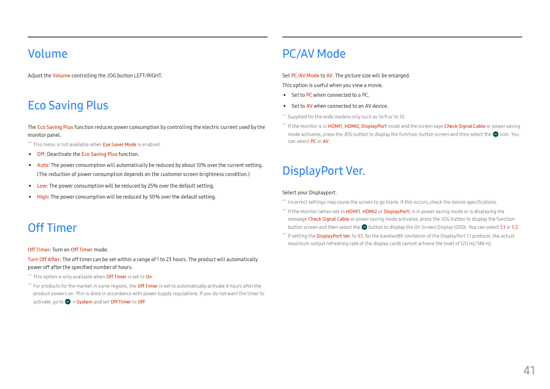 Samsung LC27FG73FQIXRU, LC24FG73FQUXEN, LC27FG73FQUXEN manual Volume, Eco Saving Plus, Off Timer, PC/AV Mode, DisplayPort Ver 