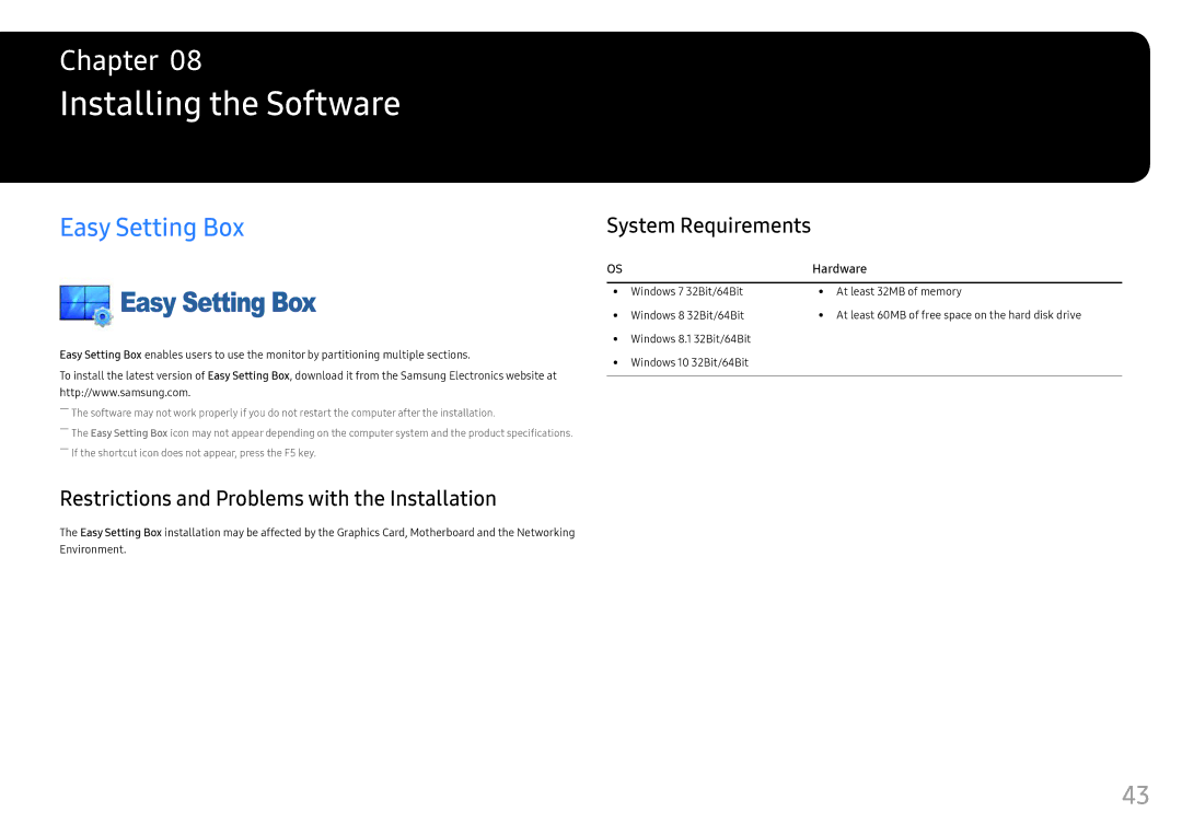 Samsung LC24FG73FQMXCH manual Installing the Software, Easy Setting Box, Restrictions and Problems with the Installation 