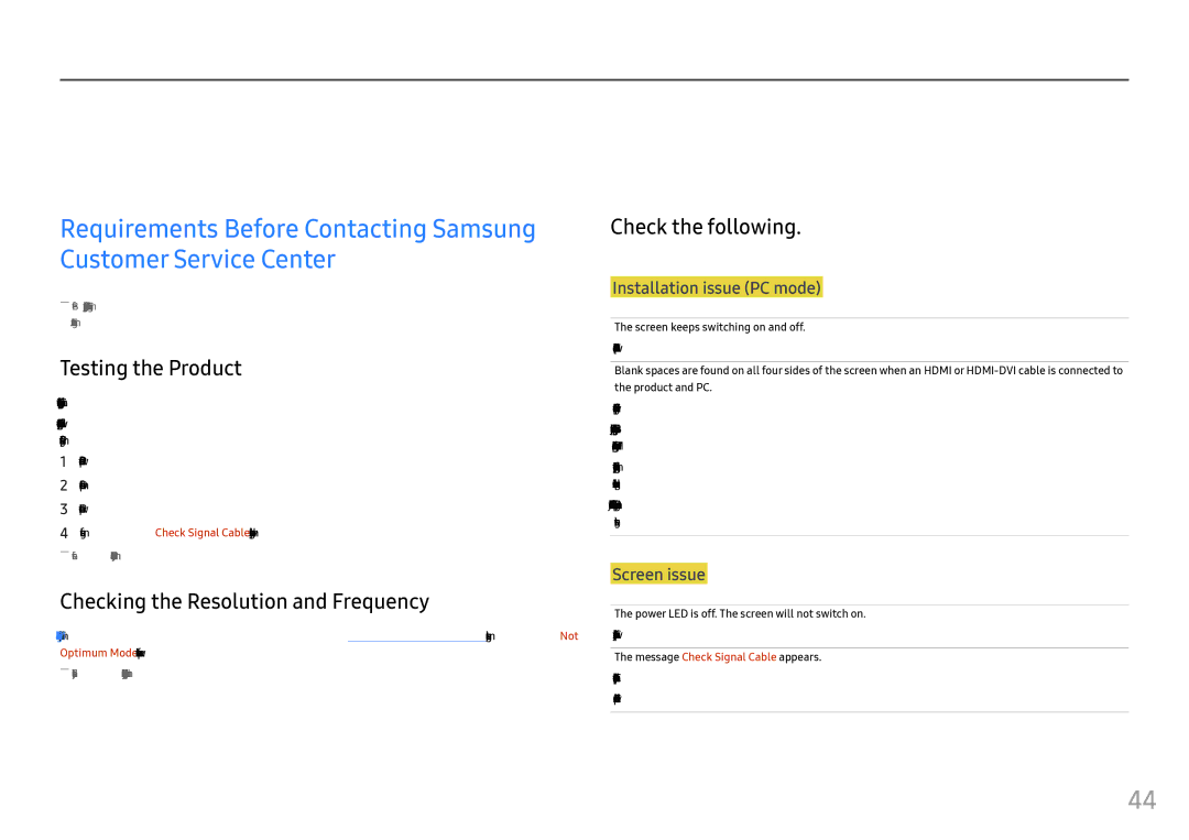 Samsung LC27FG73FQMXCH, LC24FG73FQUXEN Troubleshooting Guide, Testing the Product, Checking the Resolution and Frequency 