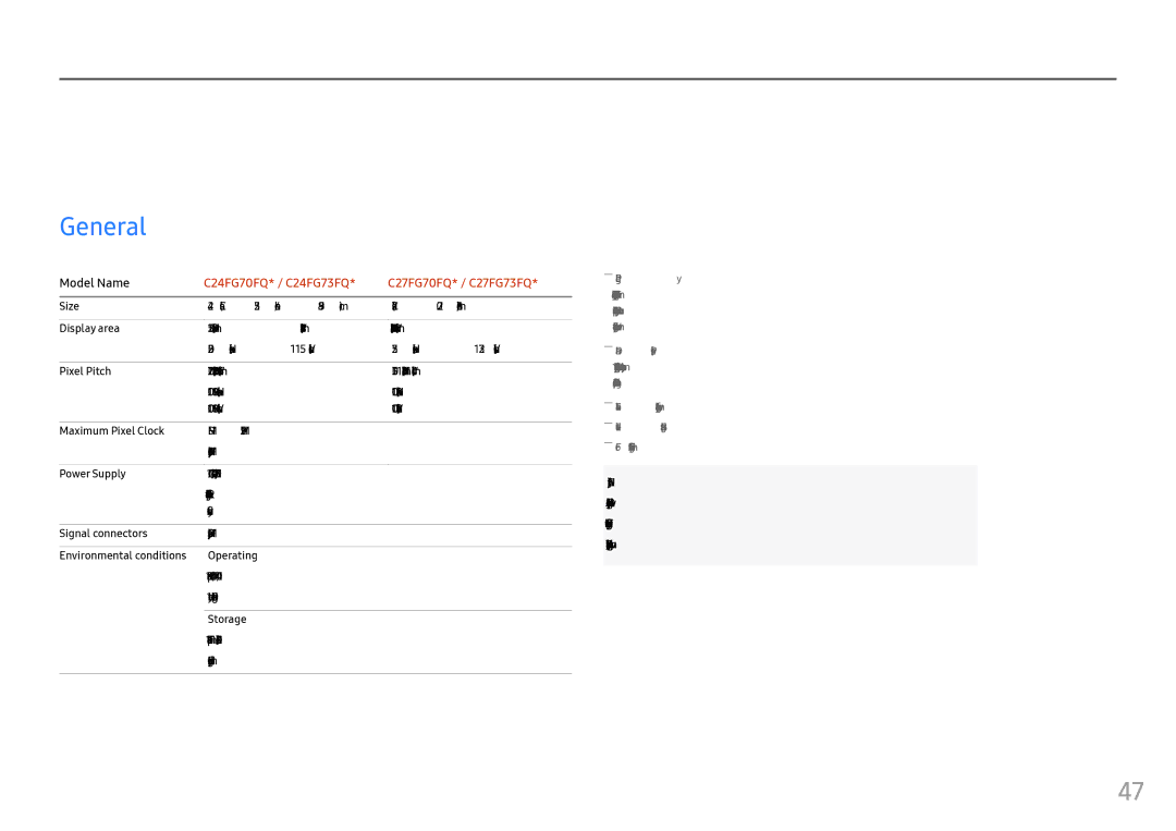 Samsung LC27FG73FQEXXV, LC24FG73FQUXEN, LC27FG73FQUXEN, LC24FG73FQEXXV, LC24FG73FQIXRU, LC27FG73FQIXRU Specifications, General 
