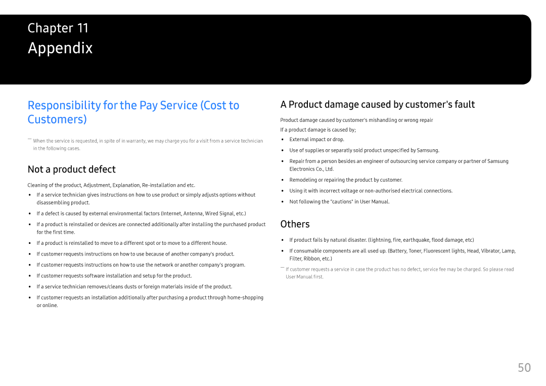 Samsung LC27FG73FQIXRU manual Appendix, Responsibility for the Pay Service Cost to Customers, Not a product defect, Others 