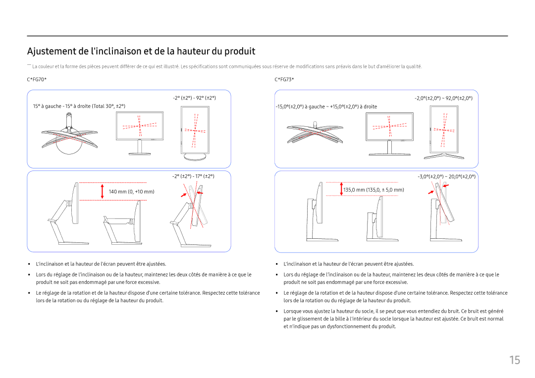 Samsung LC27FG73FQUXEN, LC24FG73FQUXEN manual Ajustement de linclinaison et de la hauteur du produit 