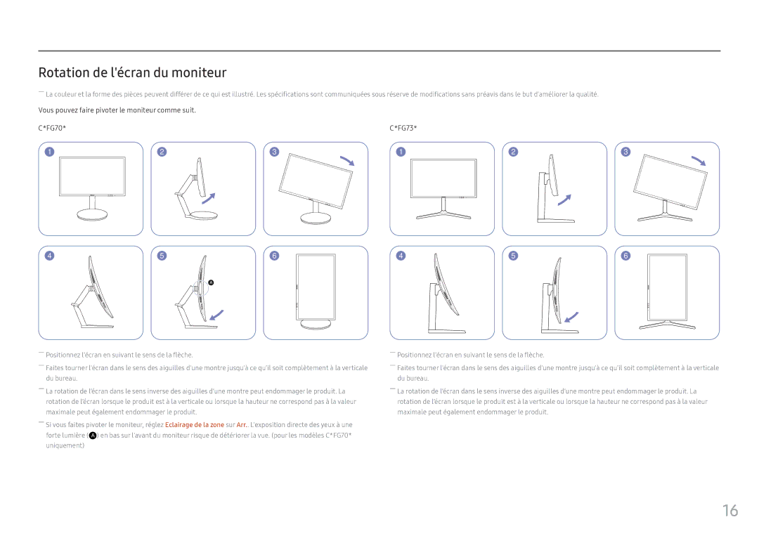 Samsung LC24FG73FQUXEN manual Rotation de lécran du moniteur, Vous pouvez faire pivoter le moniteur comme suit FG70 FG73 