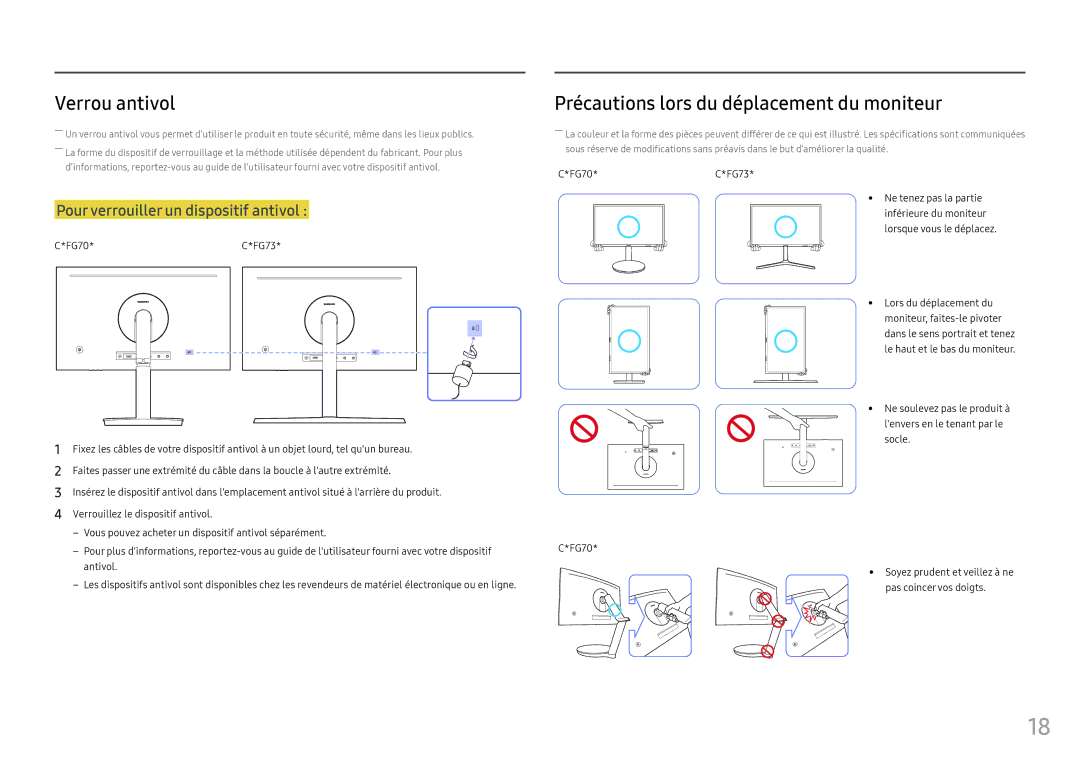 Samsung LC24FG73FQUXEN, LC27FG73FQUXEN manual Verrou antivol, Précautions lors du déplacement du moniteur, FG70*C*FG73 