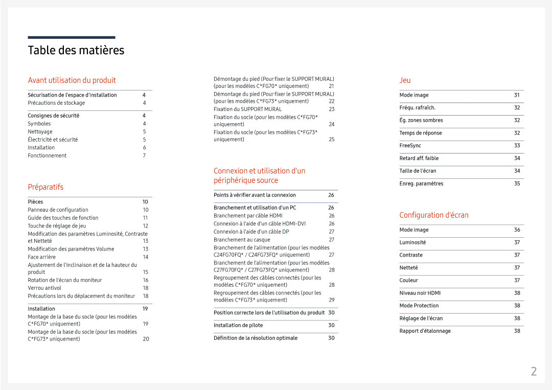 Samsung LC24FG73FQUXEN, LC27FG73FQUXEN manual Table des matières 