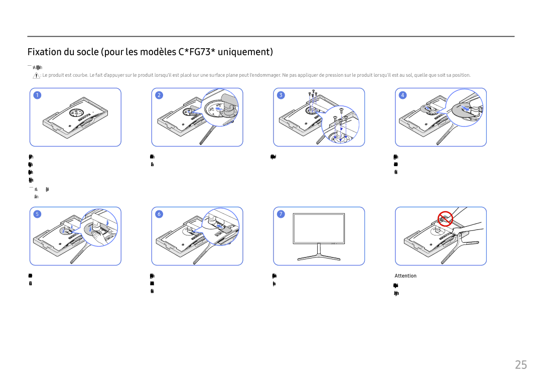 Samsung LC27FG73FQUXEN, LC24FG73FQUXEN manual Fixation du socle pour les modèles C*FG73* uniquement 